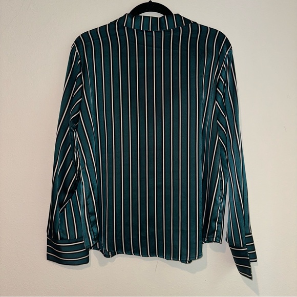 H&M Green White and Black Striped Satin Button Down Blouse - Picture 3 of 3
